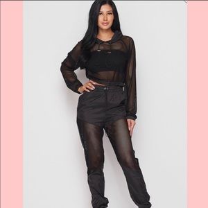 FISHNET MESH 2 PIECE JOGGER PANTS CROP HOODIE TOP IN BLACK